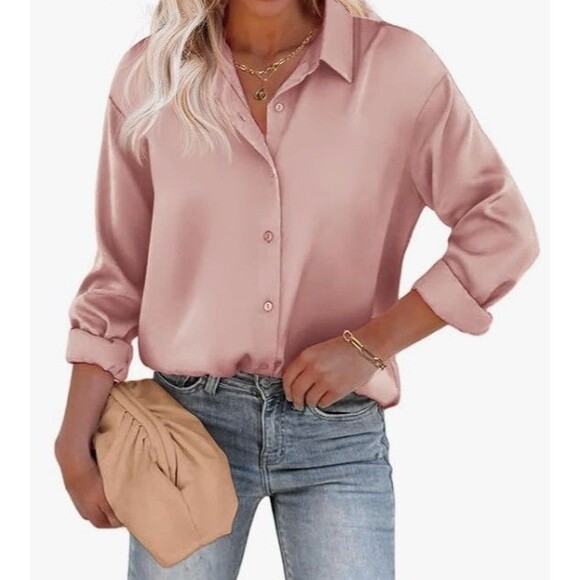 AISEW Tops - AISEW Women’s Satin Blush Pink Button-Up Blouse Top Size 2XL Long Sleeve Collar